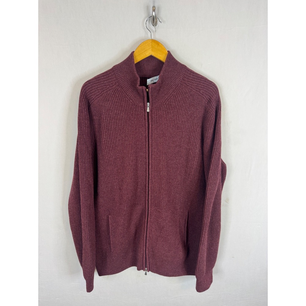Gran Sasso Mens Full Zip Ribbed Cardigan Burgundy Wool Cashmere Italy XL